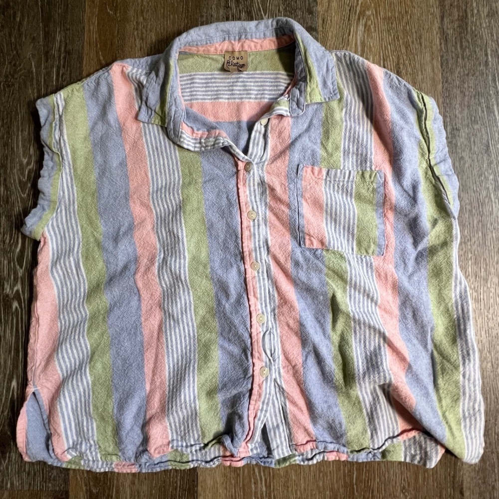 Como Vintage Button Down Women 2X Multicolor Striped Sleeveless Pastel Shirt